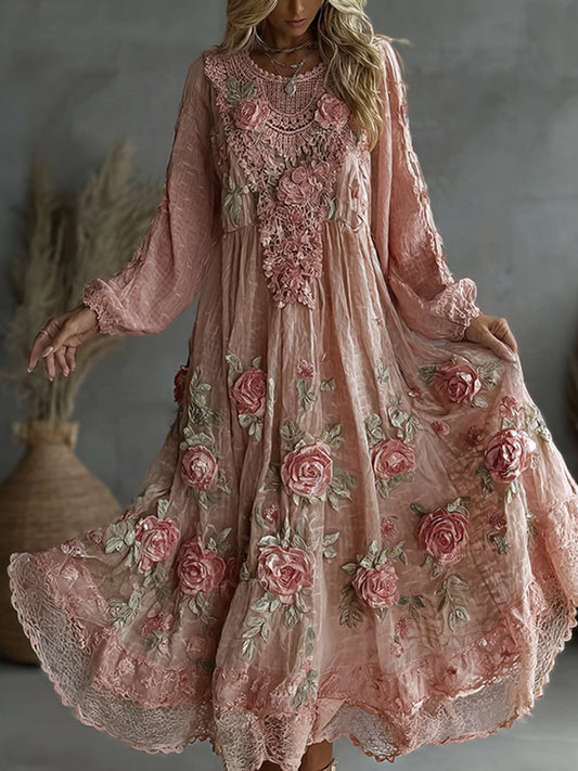 Women's Floral Roses Art Print Flowy Linen Blend Casual Long Sleeve Maxi Dress