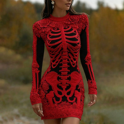 Women's Vintage Halloween Skeleton Bones With Rose Art Cozy Knit Mini Sweater Dress