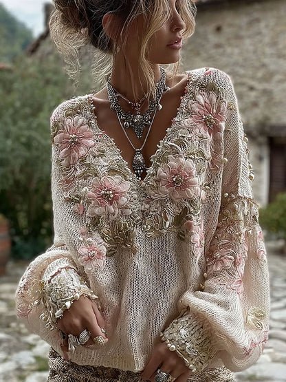 Women's Pink Flowers Art V-neck Cozy Knit Sweater