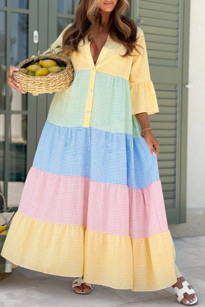 Colorful Gingham Patchwork Tiered  Dressess