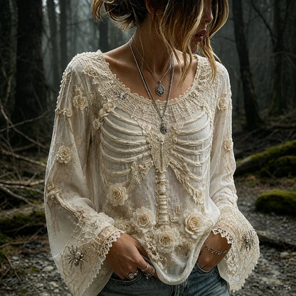 Women's Vintage Halloween Human Skeletal And Rose Art Crew Neck Long Sleeve T-shirt