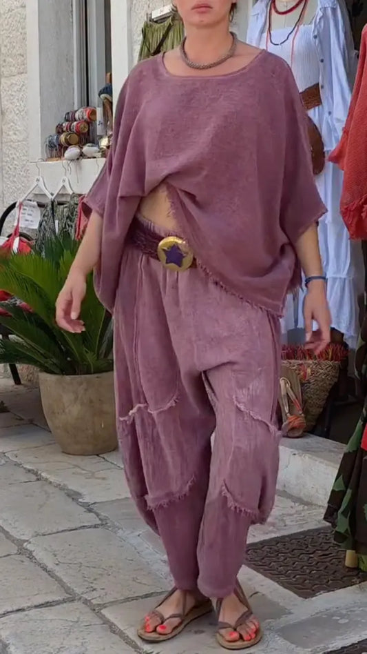 Mauve Frayed Linen Two Piece Set