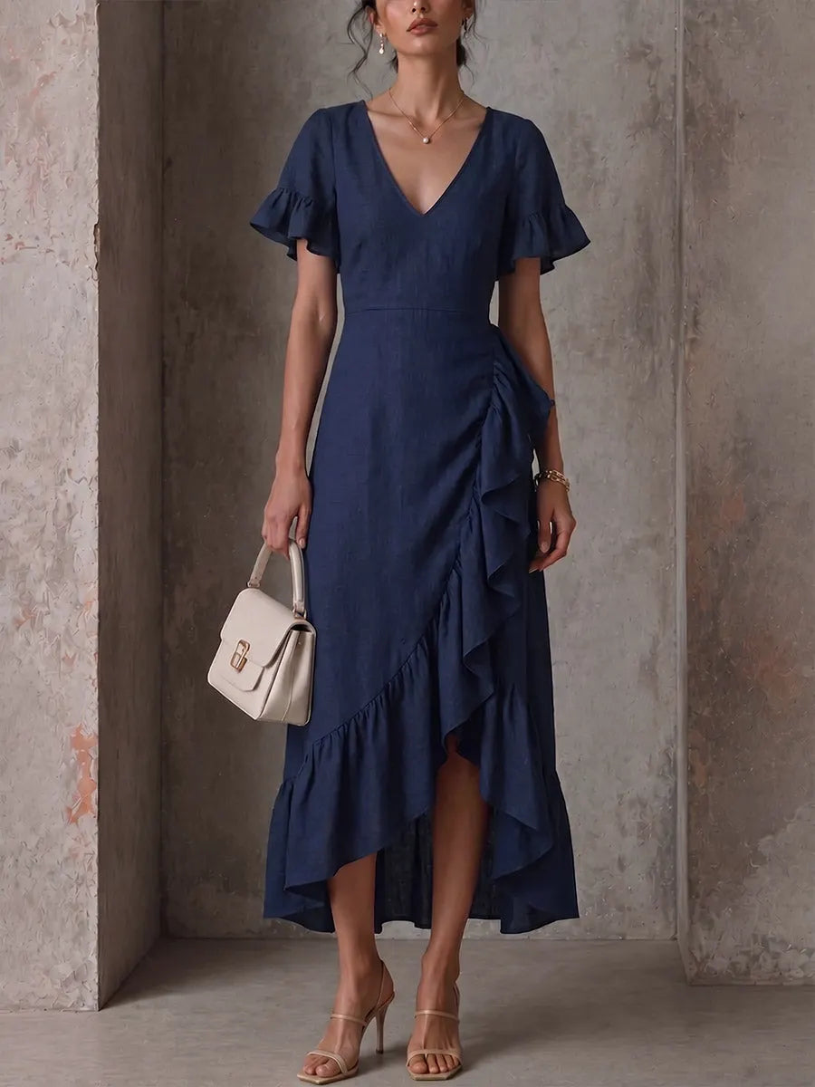 Women's Solid Color V-neck Short-sleeve Casual Loose Cotton-linen Ruffle Dress