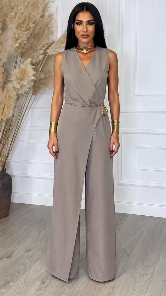 Women's Khaki Overlap V-Neck Sleeveless Jumpsuit