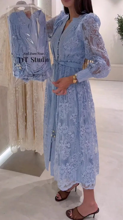 Lace Embroidery Lantern Sleeve Tie Waist A-Line Midi Dress