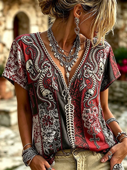 Women Vintage Halloween Gothic Snake Skeleton Skull Cross Floral Embroidery V Neck Short Sleeve Top