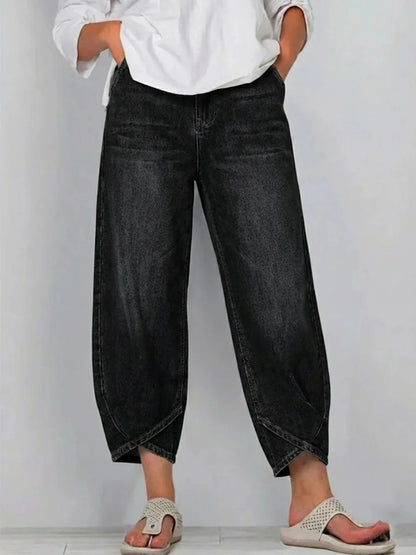 Women's Washed High-Waisted Cropped Lantern Jeans