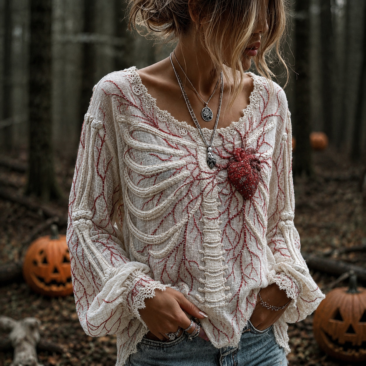 Women's Vintage  Skeleton Heart Rhinestones Art Long Sleeve T-shirt
