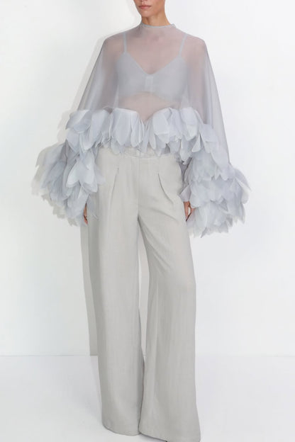 Light Grey Sheer Organza Blouse with 3D Petal Ruffle Sleeves