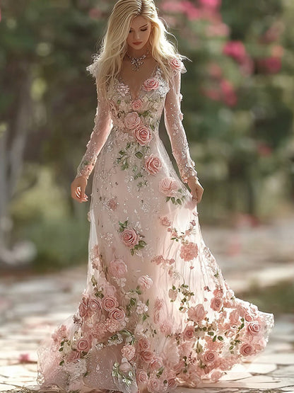 Vintage Boho Pink Roses Embroidered V Neck Flowy Maxi Dress