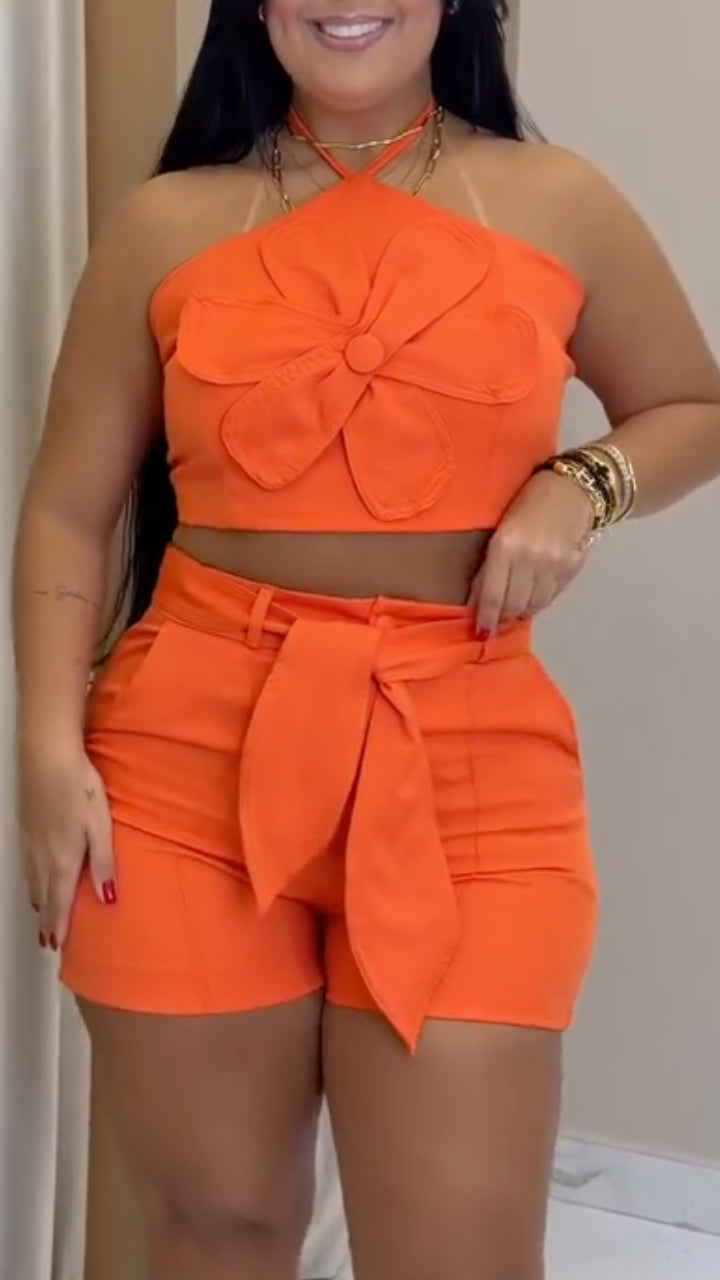 Orange Flower Halter Top and Shorts Set