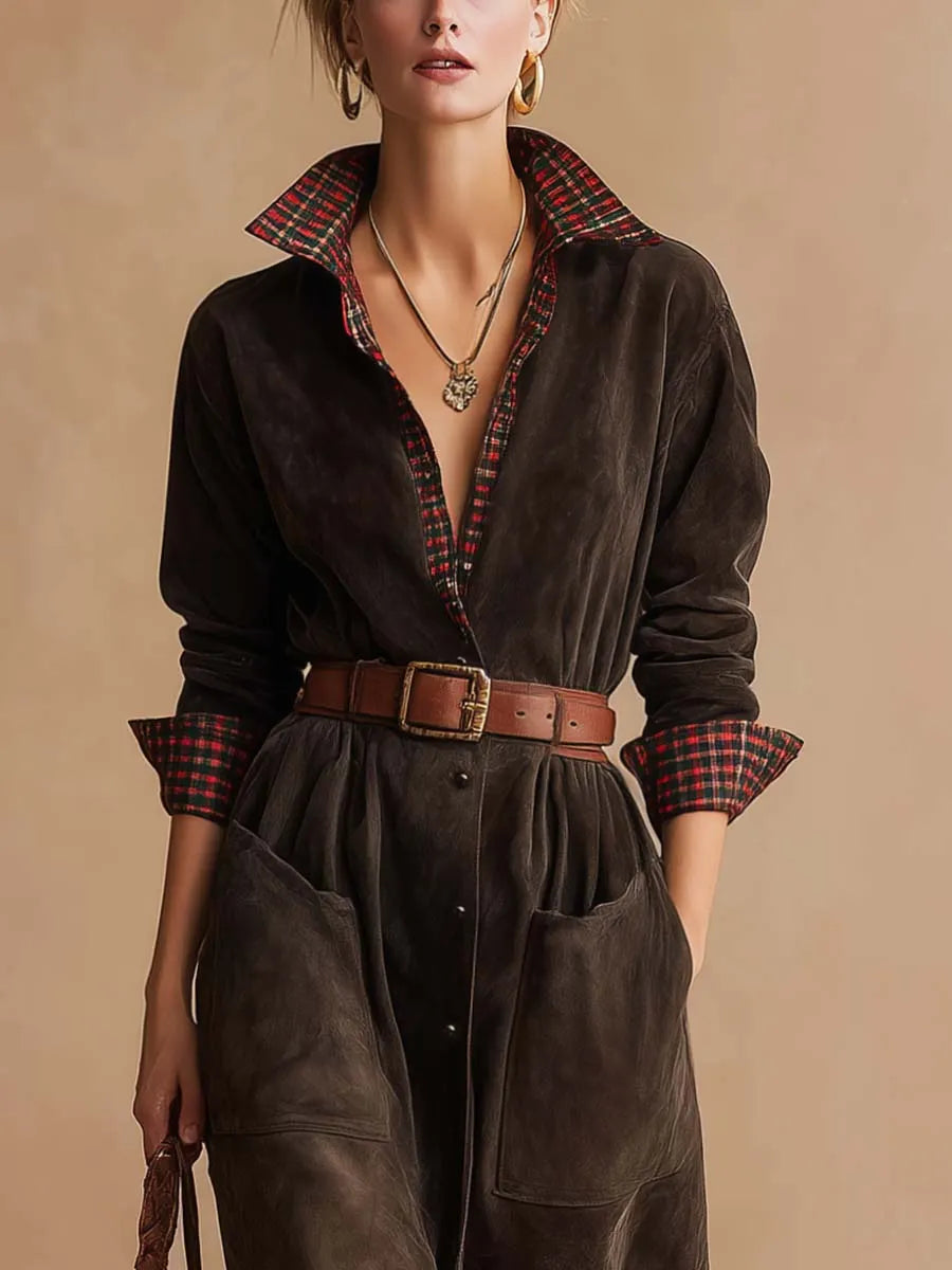 Retro dark brown suede patchwork plaid collared dress（Includes belt）