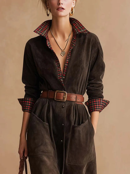 Retro dark brown suede patchwork plaid collared dress（Includes belt）
