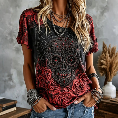 Women's Vintage Skull And Rose Art V-neck Short Sleeve Top