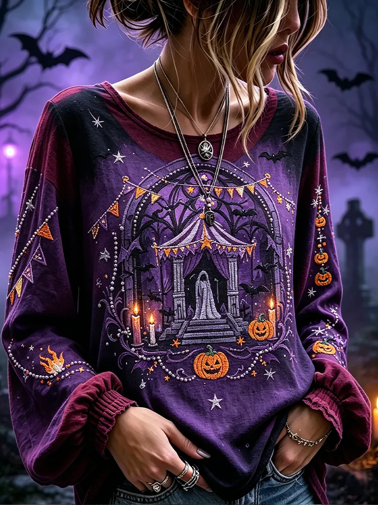 Women's Halloween Circus Tent And Pumpkin Pattern Ruffled Sleeve Blouse