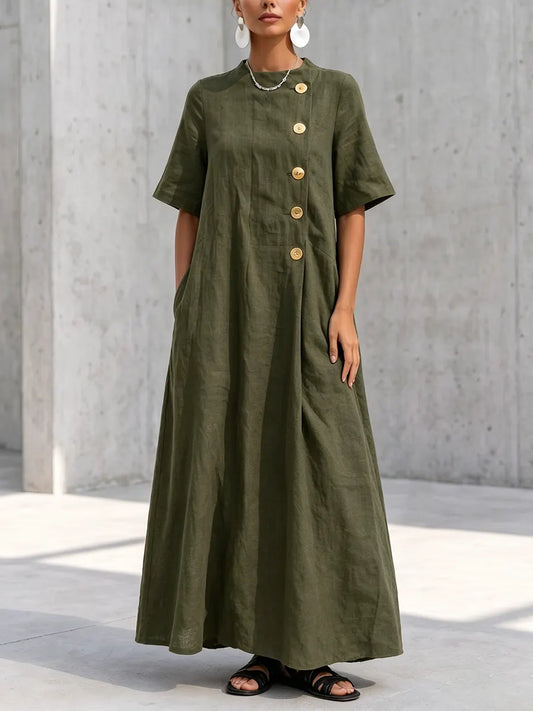 Elegant Olive Green Dress With Metal Buttons