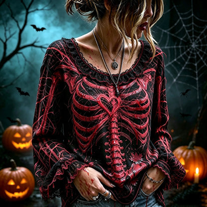 Women's Retro Halloween Style Skeleton Print Top