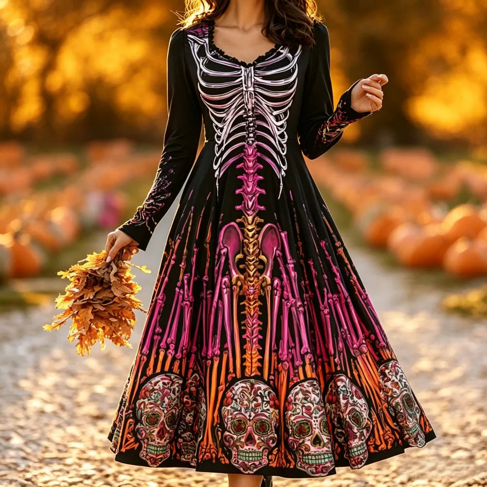 Women's Gothic Halloween Skeleton And Sugar Skull Print Long-sleeve A-line Swing Dress