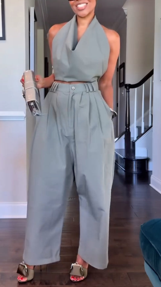 Halter Cowl Neck Crop Top & Pleated Wide Leg Pants Co‑Ord Set