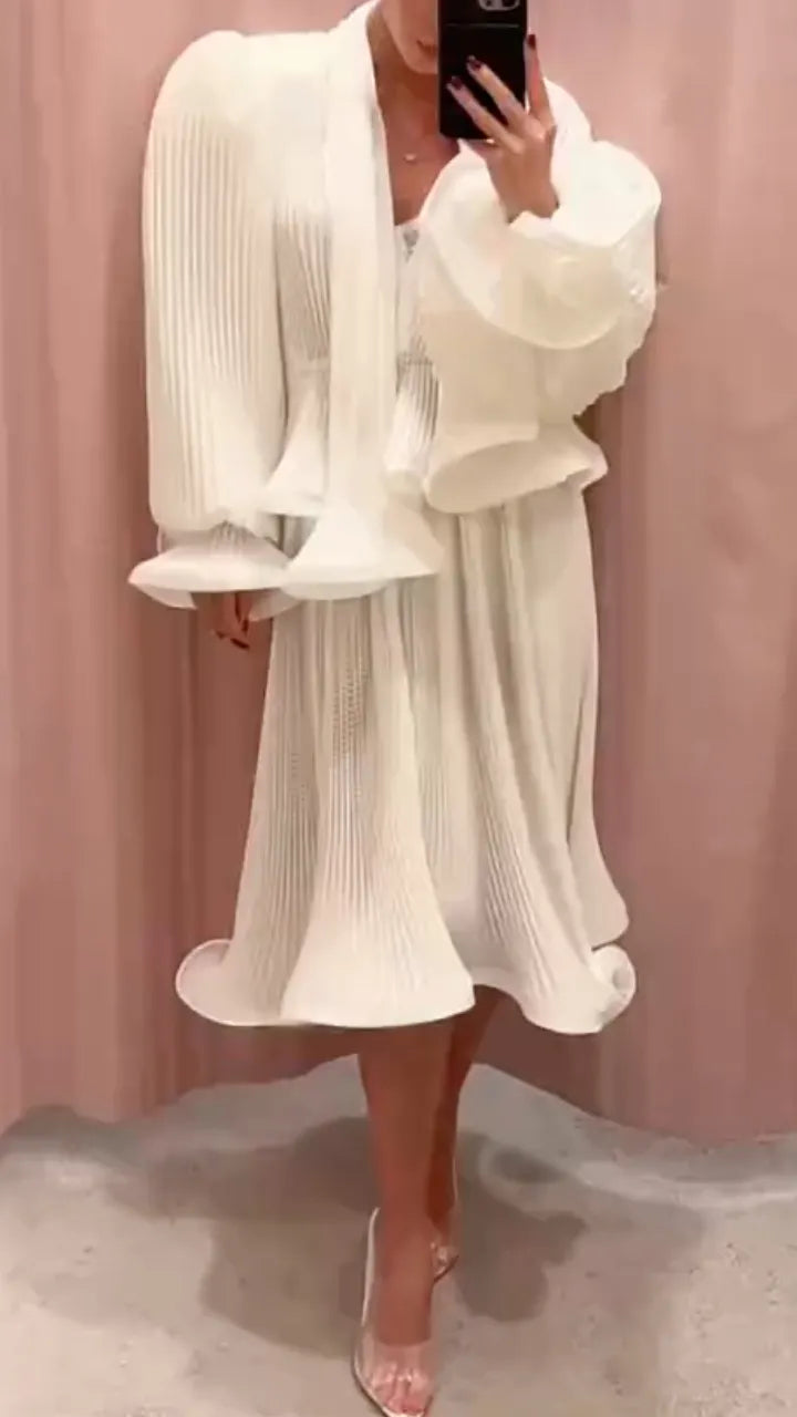 White Pleated Ruffle Two-Piece Dress Set