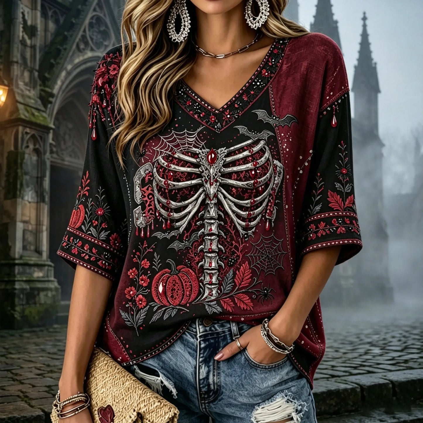Women's Halloween Floral Skull Pumpkin Bat Patchwork V-neck Cotton Linen Top