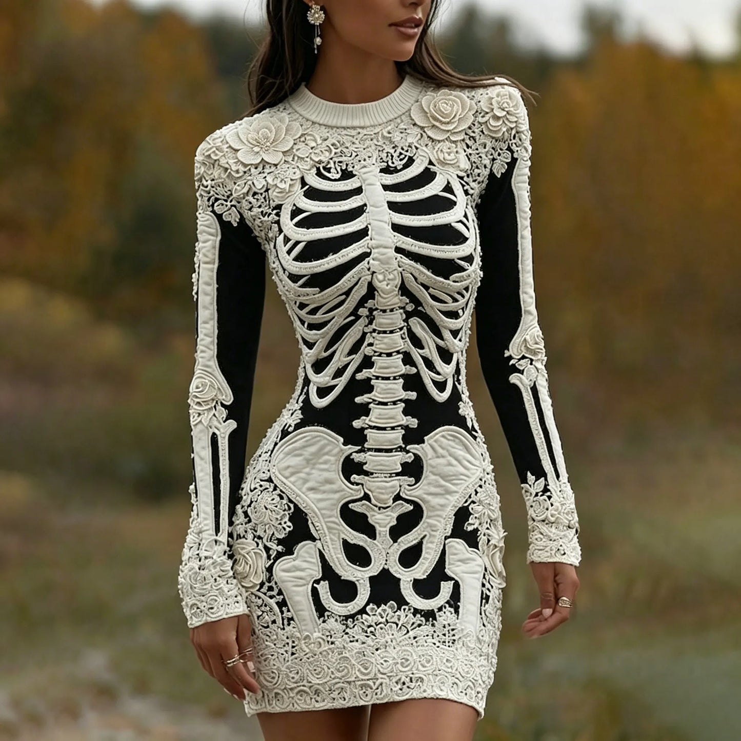 Women's Vintage Halloween Skeleton Bones With Rose Art Cozy Knit Mini Sweater Dress