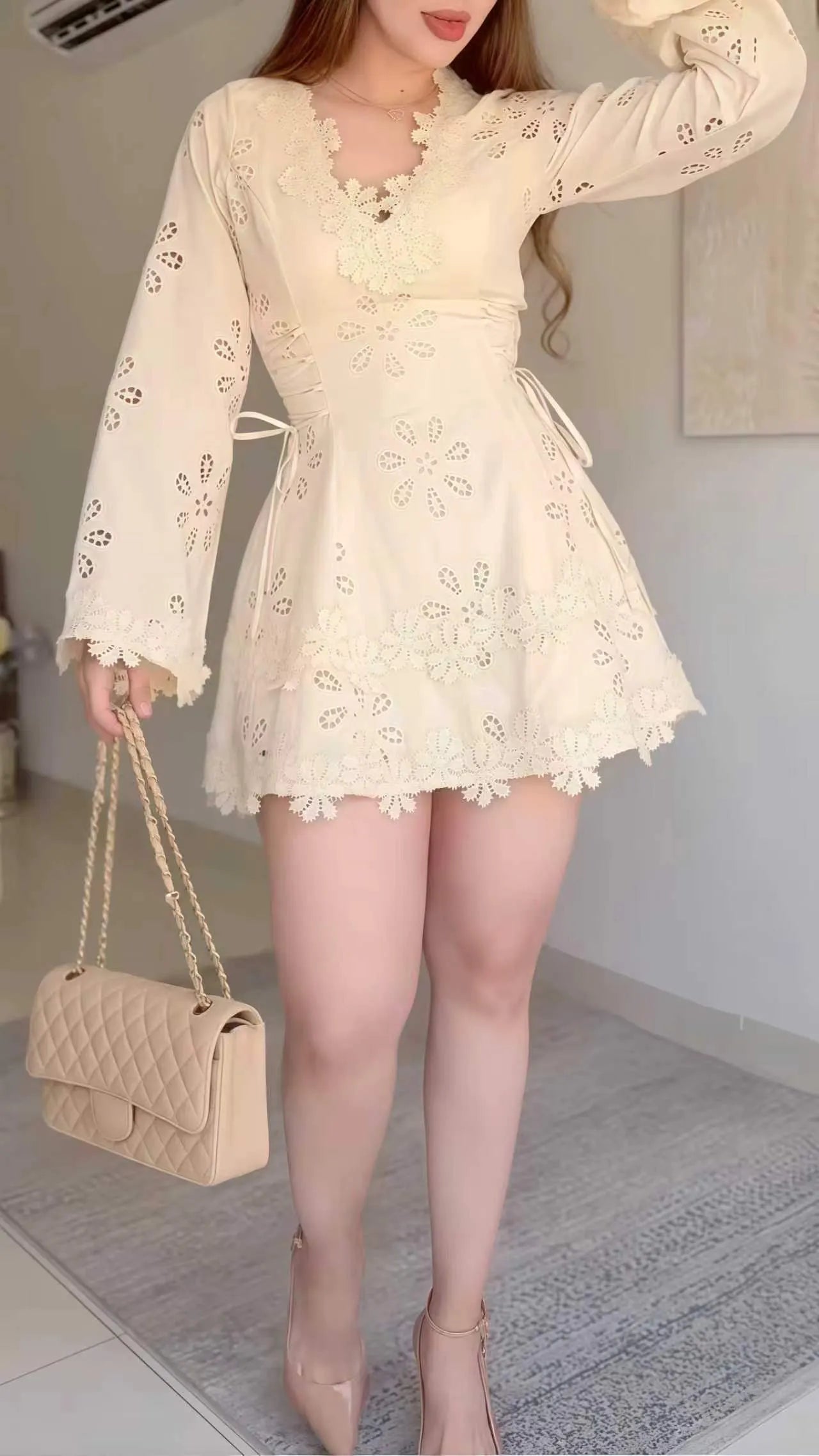 Cream Lace Eyelet Mini Dress