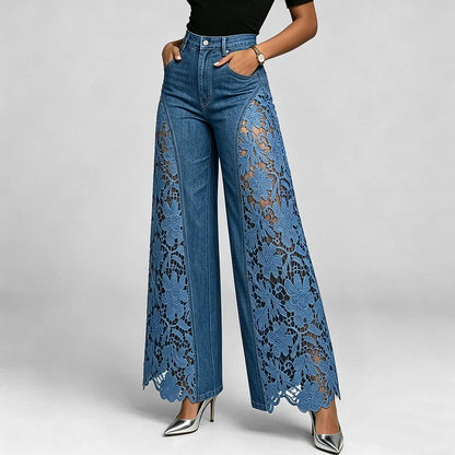 Dark Blue Lace Insert Wide Leg Jeans