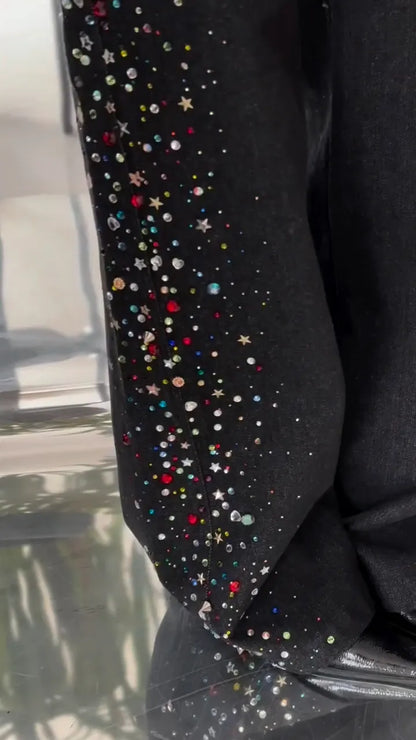 Black Colorful Rhinestone Star Wide Leg Denim Pants