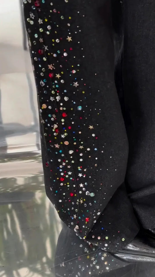 Black Colorful Rhinestone Star Wide Leg Denim Pants