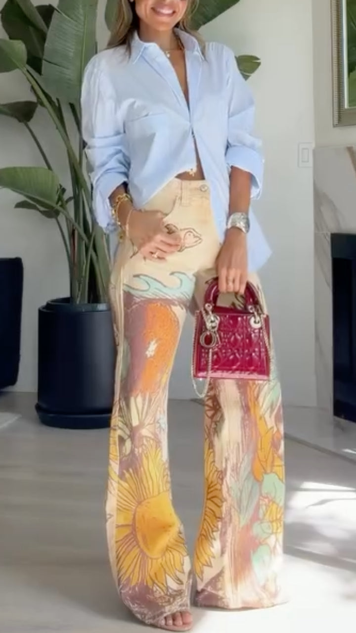 Sunflower Print Flare Jeans & Blue Shirt