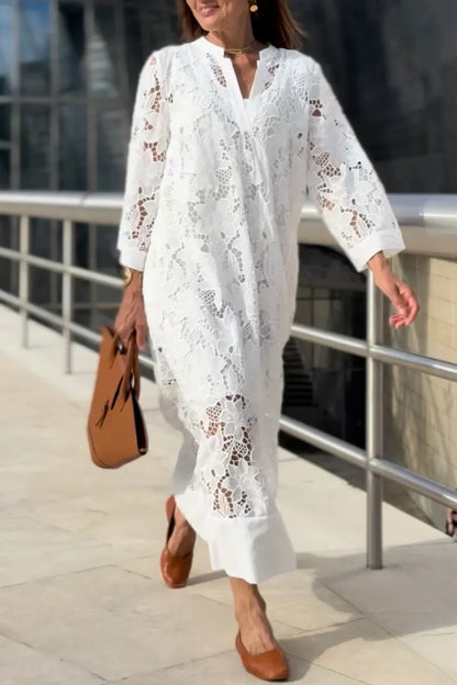 Floral Lace V-Neck Kaftan Midi Dress