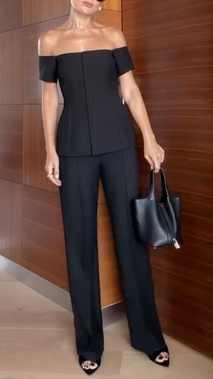 Black Off-Shoulder Top & Tailored Wide Leg Pants Co-Ord Set