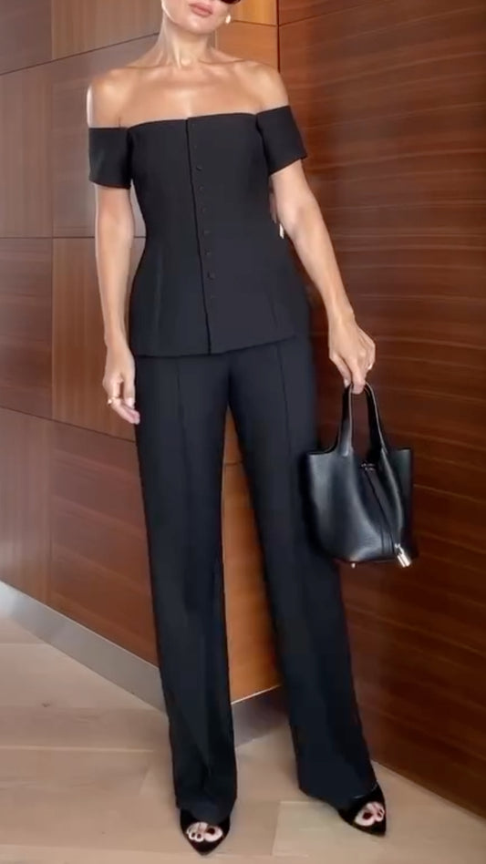 Black Off-Shoulder Top & Tailored Wide Leg Pants Co-Ord Set