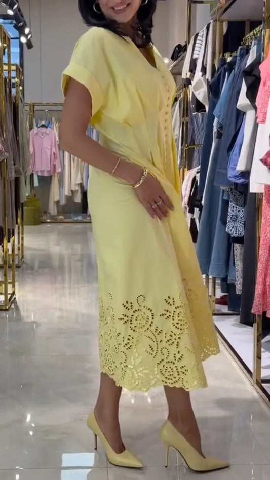 Yellow Button-Front Eyelet Hem Midi Dress