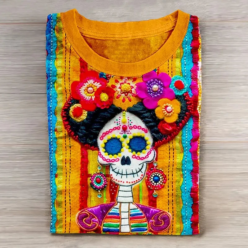 Mexican Sugar Skeleton Catrina Day Of The Dead Inspired Cotton Graphic T-Shirt