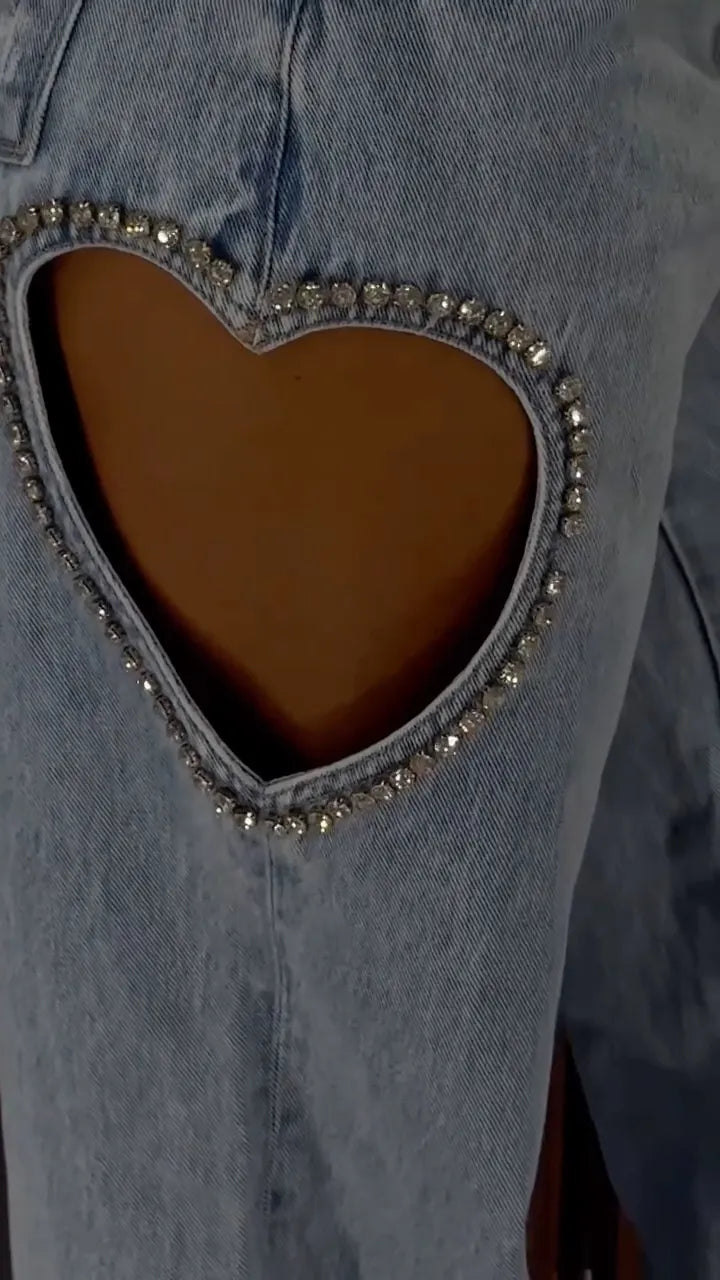Women's Rhinestone-Trimmed Heart Cut-Out Jeans