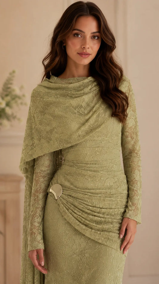 Beaded Lace Draped Cape Mermaid Gown