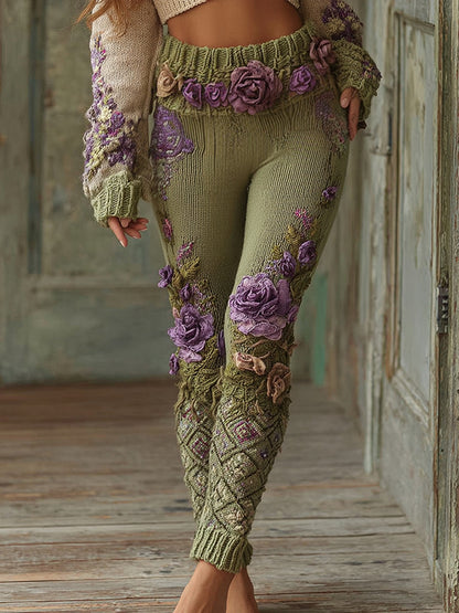 Lassy Gradient Purple Lavender And Floral Art Cozy Knit Leggings