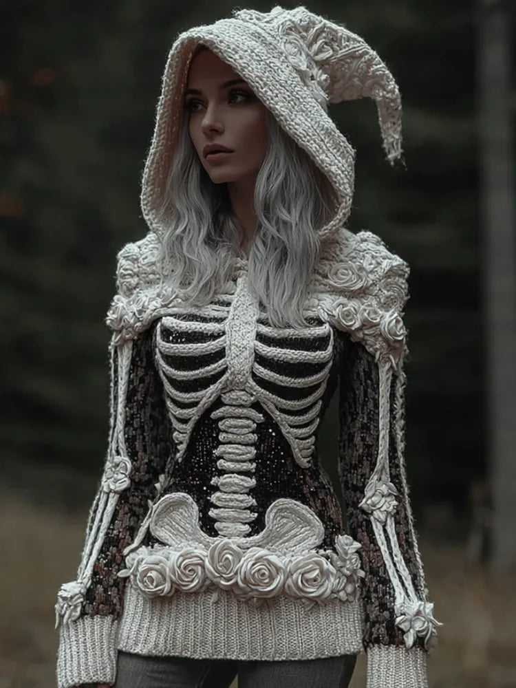 Women's Halloween Skeleton Art And Rose Gothic Hooded Sweater