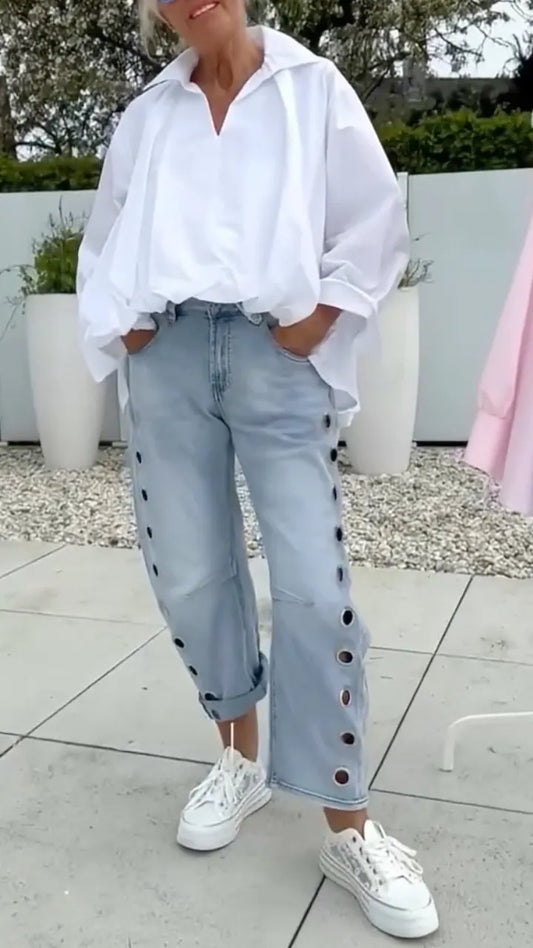 Oversized V‑Neck Shirt & Eyelet‑Detail Cropped Jeans Co‑Ord Set