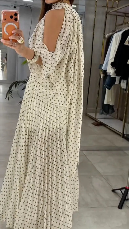 Polka Dot Halter Crop Top & Pleated Maxi Skirt Set