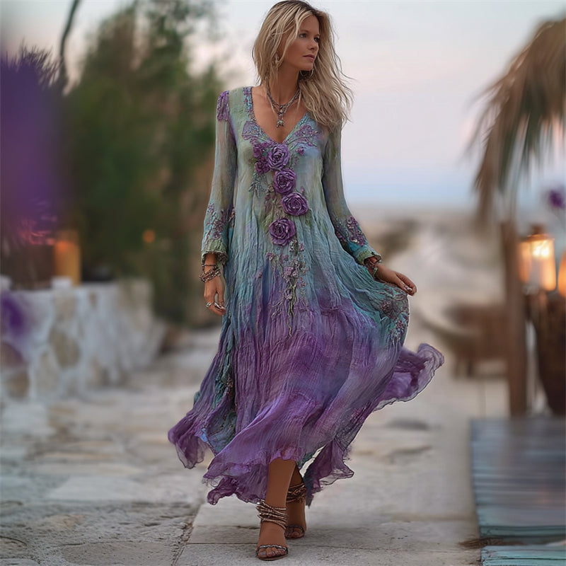 Boho Purple Roses Gradient Flowy Maxi Dress