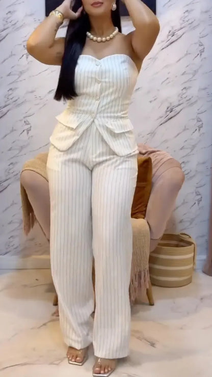 White Pinstripe Strapless Top & Wide Leg Pants Co-Ord