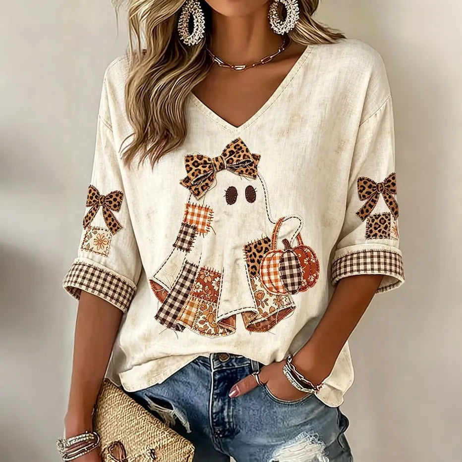 Women's Halloween Ghost Pattern Casual Mid-sleeve T-shirt