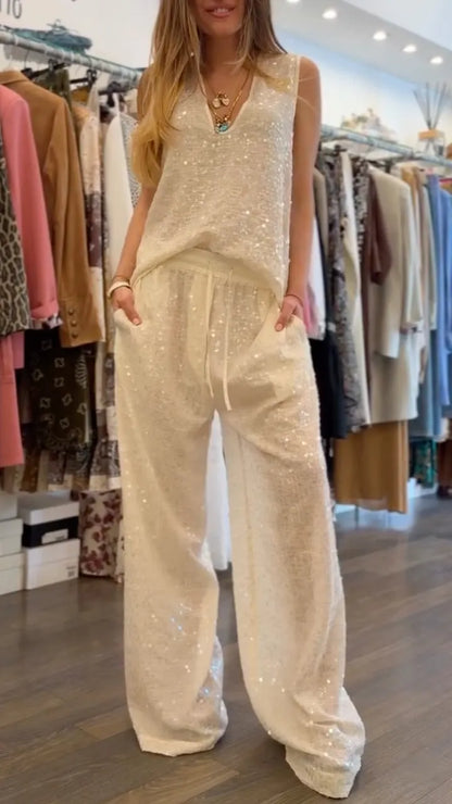 Sequin V-Neck Sleeveless Top & Drawstring Wide Leg Pant Set