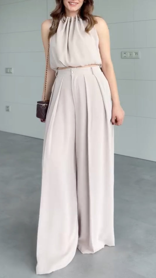 Beige Halter Neck Crop Top & Pleated Wide Leg Pants Set