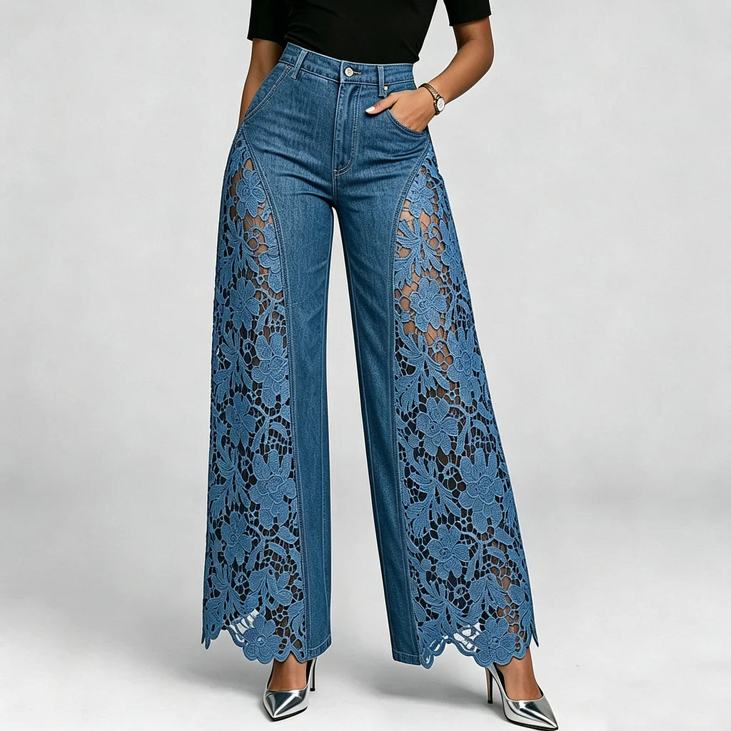 Dark Blue Lace Insert Wide Leg Jeans