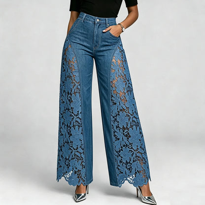 Dark Blue Lace Insert Wide Leg Jeans