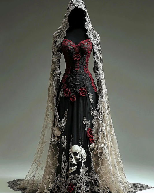Halloween Themed Skull And Rose Embroidered Lace Dress 7fb0